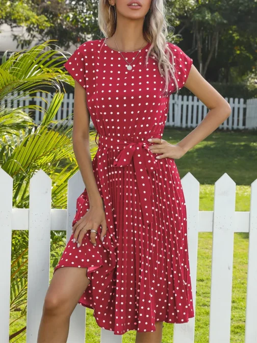 Benuynffy O-Neck Polka Dot Summer Dresses 2024 Cap Sleeve Women Knee Length Shirred Elegant Office Lady Belted A-Line Dress - Image 5